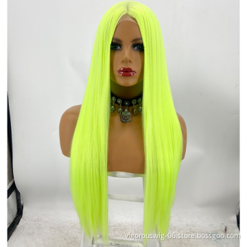 Vigorous 2021 new style green hair frontal weft long straight synthetic front lace wig Glueless Heat Resistant fiber